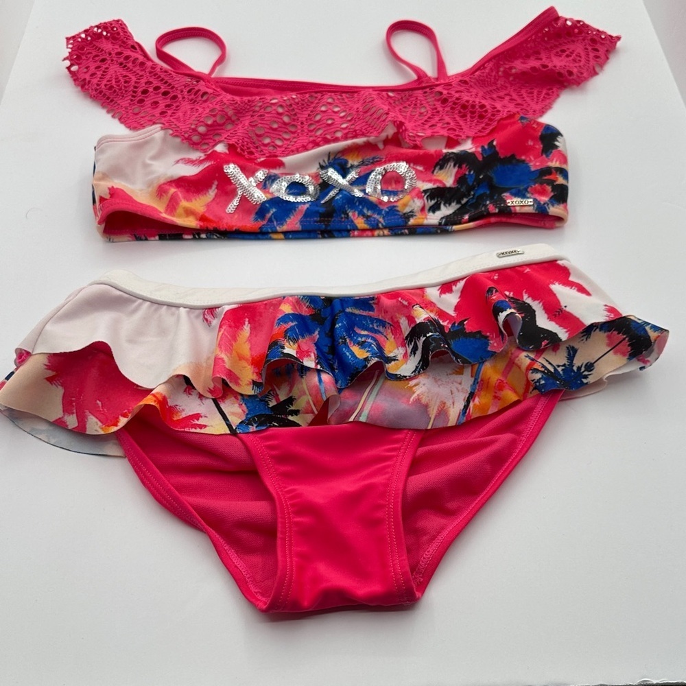 XOXO Pink and Multicolor Tropical Bikini Size 8/10